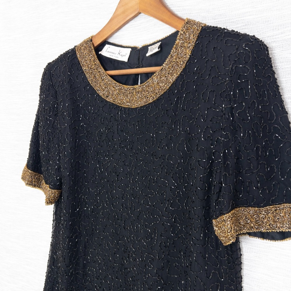 Vintage Laurence Kazar Beaded Top Women's Medium 100% Silk Black Gold Formal 80s - Picture 11 of 16